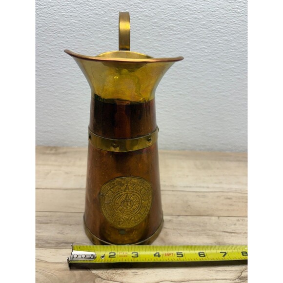 Vtg Copper And Brass Pitcher Brass Handle Aztec Calendar 1 Lit. 8.5in Tall - Picture 9 of 10